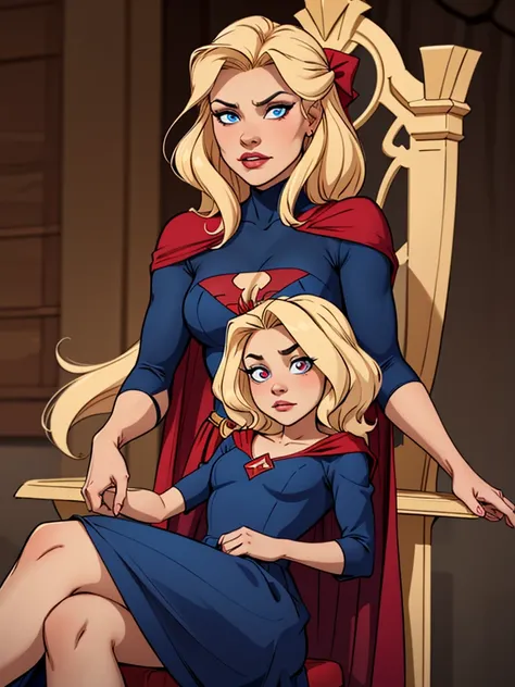 2 girls, one blonde with long hair wearing bows in her hair, with blue eyes, wearing a pink princess dress, sweet princess and sitting on a throne, the other girl behind the throne with short blonde hair, wearing a blue heroine costume, wearing a red cape ...