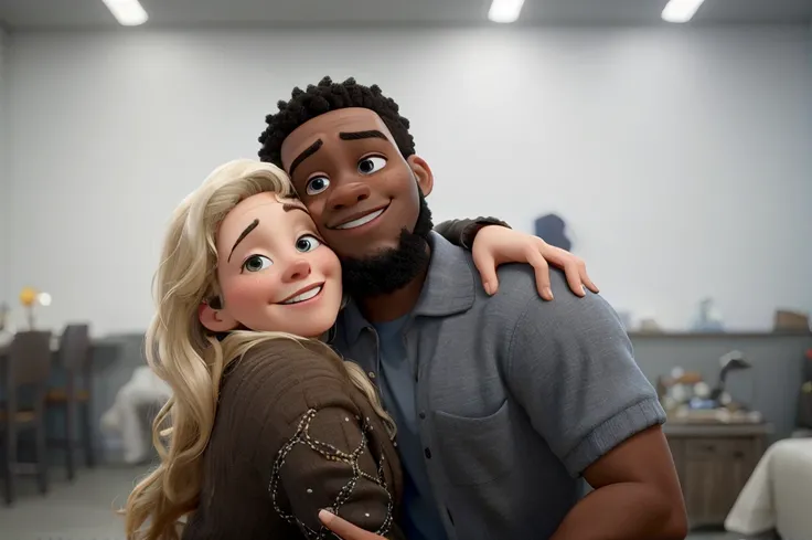 white woman and black man hugging, disney pixar style, best qualityer, high qualiy