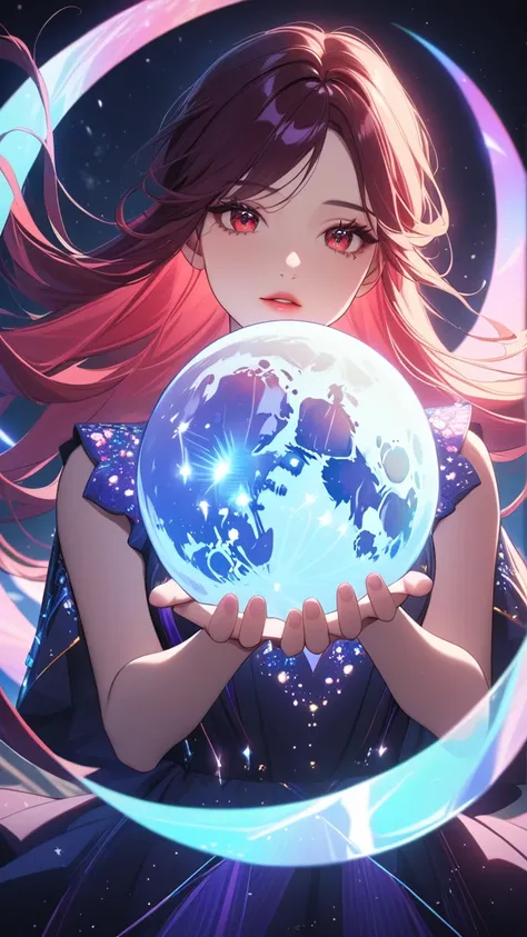 masterpiece, best quality:1.3, 1girl, moon dress, giants girl , floating,space ,moon , holding moon , detailed face, red eyes, beautiful detailed lips, long eyelashes, delicate facial features, expressive face, detailed skin texture, moonlight lighting, vi...