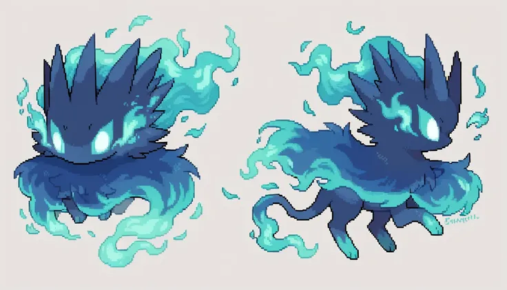 pokemon creature, no humans, pixel style, white background, simple background, sprite, cute, beautiful, Type: FIRE and GHOST, Infernixt is an ethereal, ghostly fox with a hauntingly beautiful presence. Its fur is semi-transparent, blending shades of deep r...