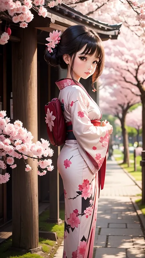 A beautiful girl in kimono standing under the kimono tree with cherry blossom 