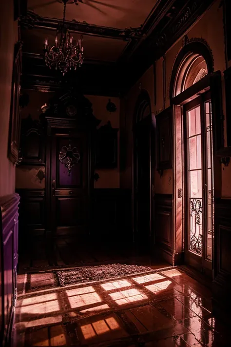 Haunted house, rooms with mucielagos. a lot of beauty, red, purple, reflexes 