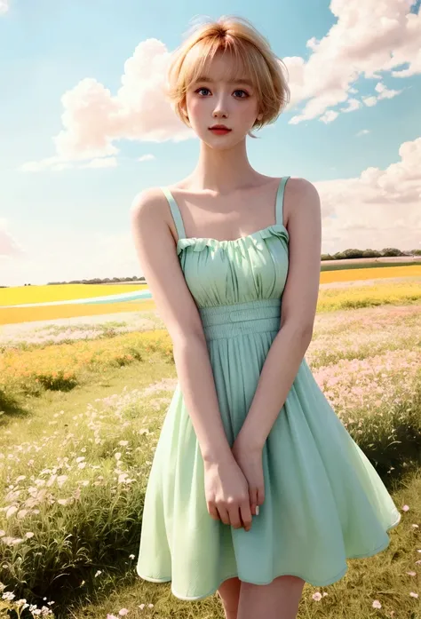 beautiful woman standing in a flower field wearing a short dress_fine details of delicate features, orange blonde short hair_del...