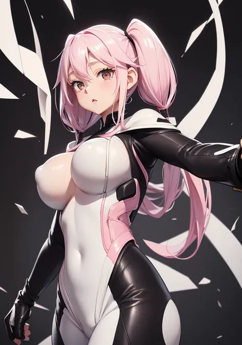 ((Upper body photo))、Cute face、Pink Hair、Long Hair、Twin tails、White skin、((Shooting from the front:1.5 ))、((Tight black leather suit:1.5)), ((Big Breasts)), Pointed nipples, masterpiece