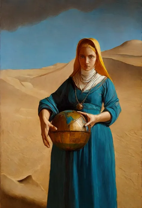 oil painting, leonardo da vinci style, Van Gogh, lots of, chirico, beautiful Alafi woman in traditional costume holding a small drum in the desert, beautiful  face , detailded, beautiful and big eyes with big eyelashes, a young woman in shamanic costume, a...