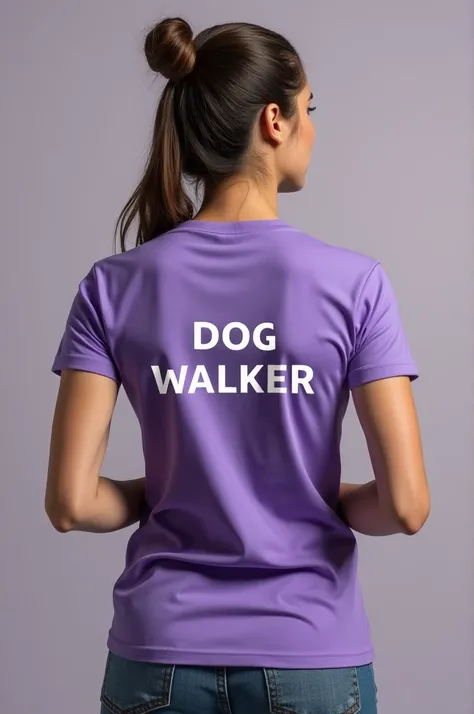 t shirt mock up, female body, purple shirt, shown from the back, words DOG WALKER on back of the shirt,