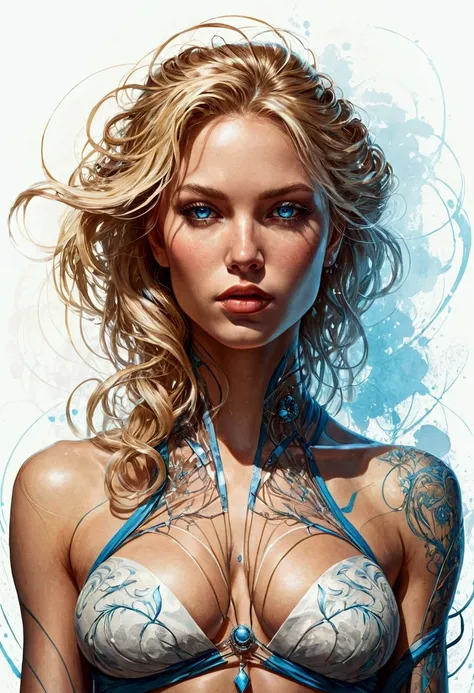 A full Body Image. The image features a full-body portrait of a young, provocative blonde woman, showcasing her exposed chest and alluring physique. Her bright blue eyes are slightly crossed, adding a unique charm to her symmetrical and striking facial fea...