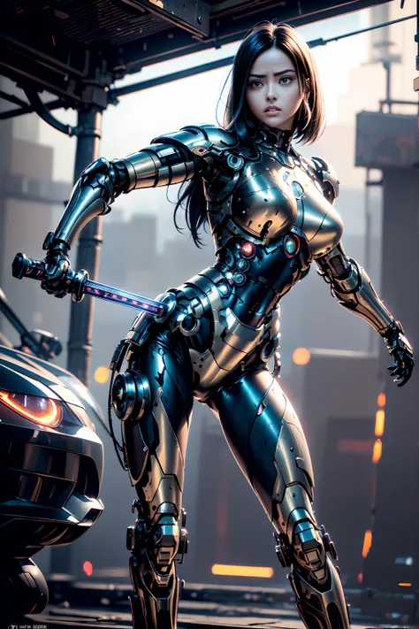 Alita Battle Angel, Highly detailed face, expression of fury, wielding a shiny katana sword, attack pose, artwork, Beautiful, black cyborg, ,, in carbon fiber armor, metal belt, Elements of electronic armor, 20 years old, the skin below the suit has bright...