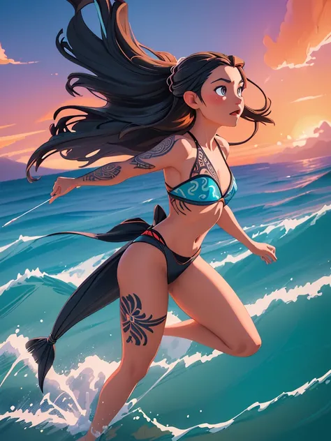 elegant vaiana surfing on vast shimmering ocean,carved wooden surfboard with intricate tribal patterns,raven hair tied in topknot flowing behind,surrounded by vibrant blues of ocean and fiery sunset sky,demigod maui gliding alongside on smaller wave with t...