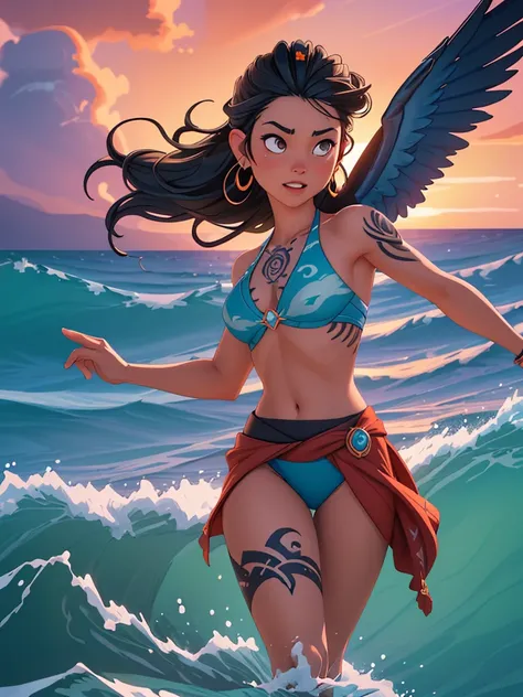 elegant vaiana surfing on vast shimmering ocean,carved wooden surfboard with intricate tribal patterns,raven hair tied in topknot flowing behind,surrounded by vibrant blues of ocean and fiery sunset sky,demigod maui gliding alongside on smaller wave with t...