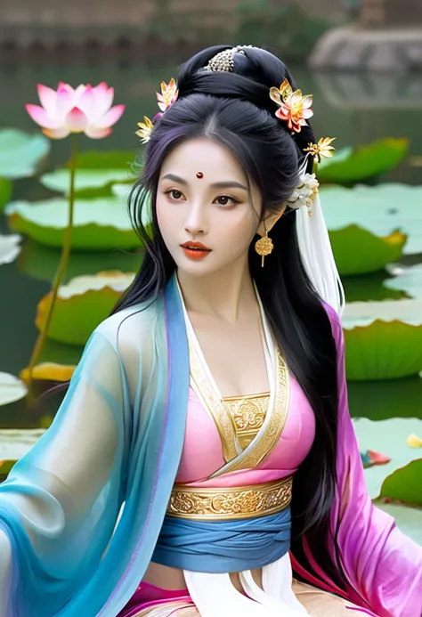 high quality, 8k 超hd, surreal portrait of a stunning woman.
32k（masterpiece，hd，超hd，32k）long flowing dark hair，pond，bloom， one co...