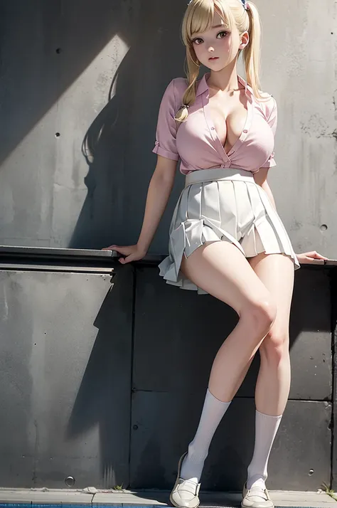 kitagawa marin,pigtails,neat blouse,white blouse,tight blouse,button the blouse,in the pool,pleated skirt,short skirt,high school girl,18 years old,blonde hair,long hair,(large breast:1.8),((masterpiece)), (detailed),reflective skin,white socks,loafers,spr...