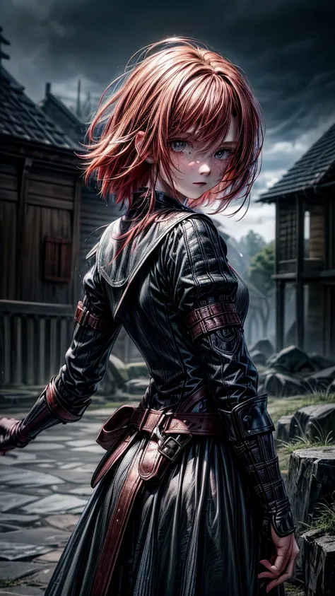 (1 redhead girl with freckles) Fighting against (1 handsome black haired boy) , battle of swords, in the rain , best quality impactful scenery.(19th century clothing).  turbulent background. best qualityer, atemporal. detaileds no movimento. Action, (detai...