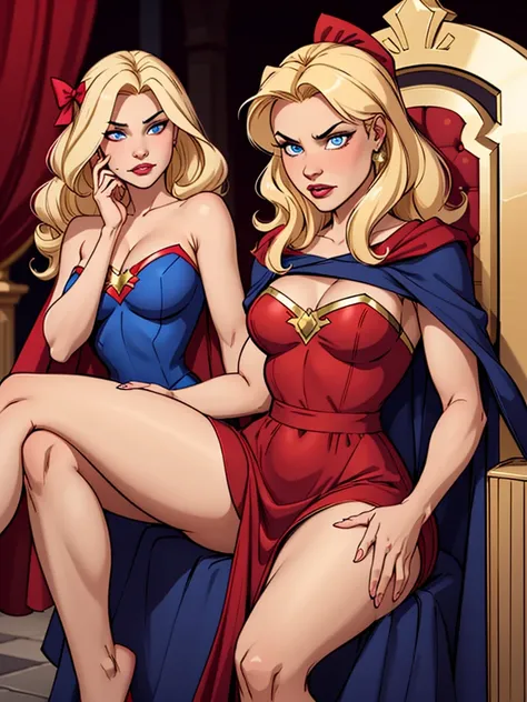 2 girls, one blonde with long hair wearing bows in her hair, with blue eyes, wearing a pink princess dress, sweet princess and sitting on a throne, the other girl behind the throne with short blonde hair, wearing a blue heroine costume, wearing a red cape ...