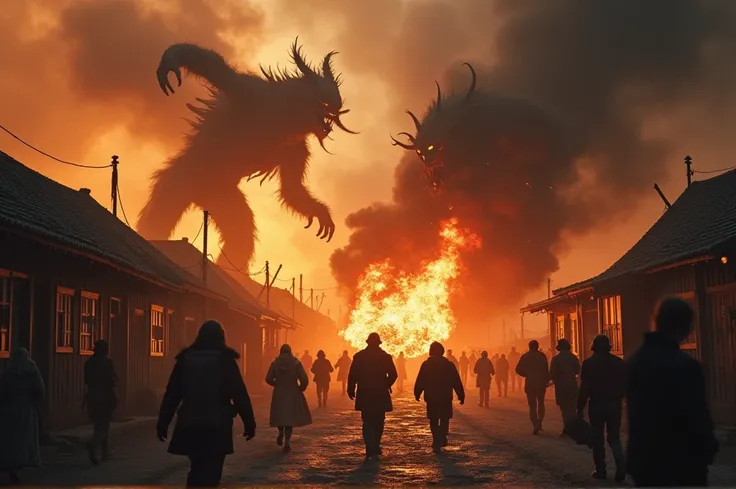 Epic, cinematic scene of a village being attacked by dark forces.Human Escape， Monstrous creatures setting fire to buildings, people fleeing in terror, and chaos reigning supreme.
