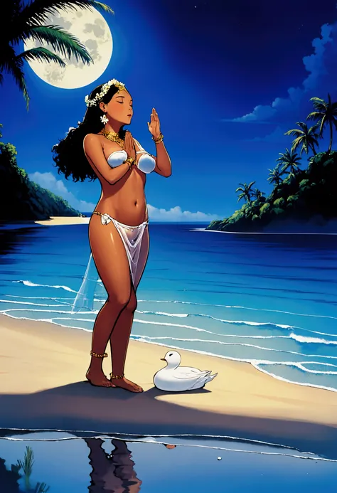 A lovely scantily clad woman (samoan) prays for fertility at a serene beach. A translucent goddess floats above the water and listens to her prayer. Moonlit confession
