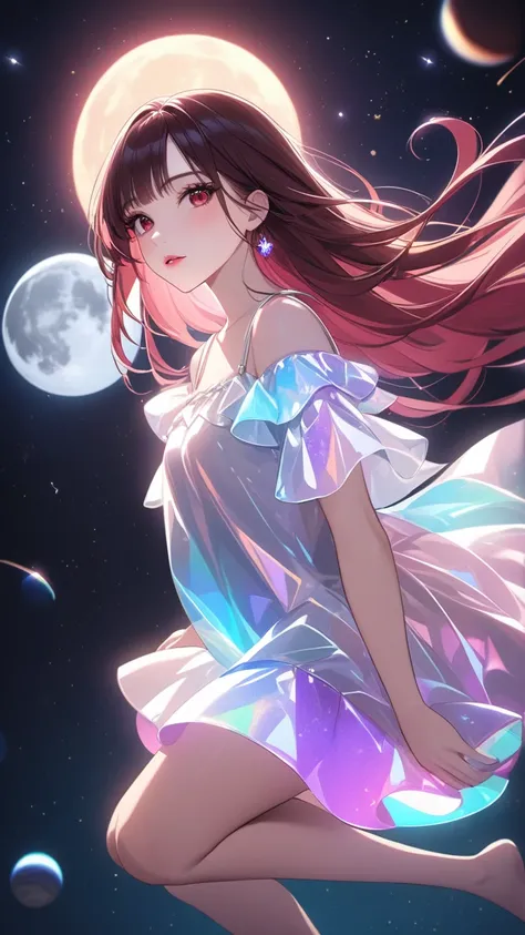 masterpiece, best quality:1.3, 1girl, moon dress, giants girl , floating,space ,moon , hugging big moon , detailed face, red eyes, beautiful detailed lips, long eyelashes, delicate facial features, expressive face, detailed skin texture, moonlight lighting...