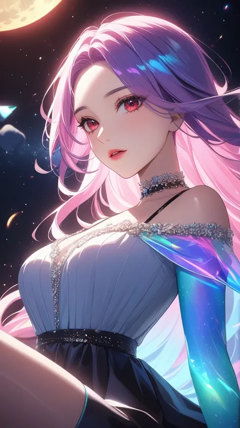 masterpiece, best quality:1.3, 1girl, moon dress, giants girl , floating,space ,moon , hugging big moon , detailed face, red eyes, beautiful detailed lips, long eyelashes, delicate facial features, expressive face, detailed skin texture, moonlight lighting...