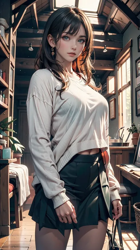 (masterpiece, Highest quality, High resolution), She grew four (oshi no ko), Sian Carcadigan, sweater, dark_green_shirt,mini skirt, Are standing, Open clothes, alone,