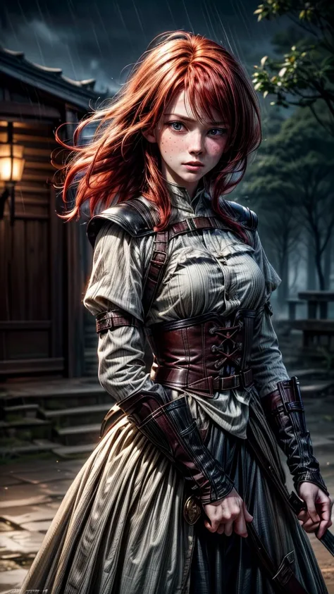 (1 redhead girl with freckles) Fighting against (1 handsome black haired boy) , battle of swords, in the rain , best quality impactful scenery.(19th century clothing).  turbulent background. best qualityer, atemporal. detaileds no movimento. Action, (detai...