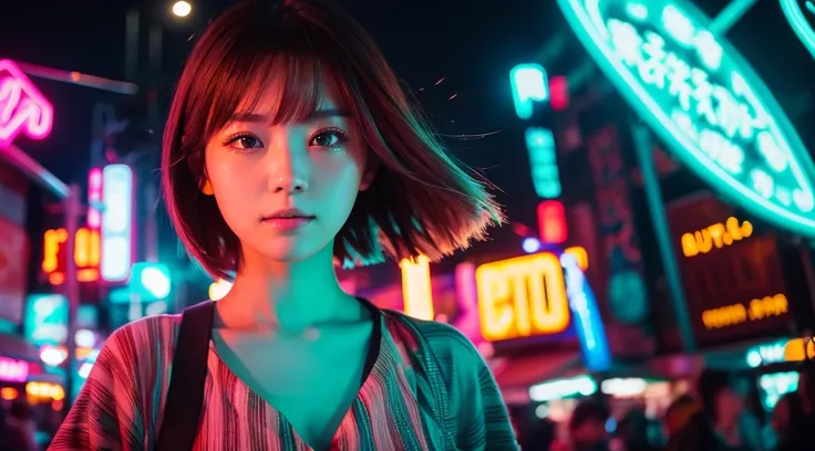 A woman wandering through a neon city at night。butterfly々Feathered。Dynamic angles。Close-up of face
