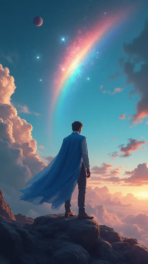 Paisagem fantastica em um planeta estrangeiro, Sky full of distant planets, um homem com traje espacial azul, a bright rainbow and planets with rings in the sky