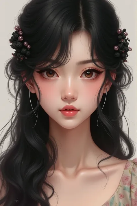 photorealistic, lip gloss, painting, realistic, best quality, ultra high resolution, depth, pastel color, natural shading, focus on face, face only, looking at viewer, long hair, hair accessory, black hair, brown and well detailed eyes, Dress 