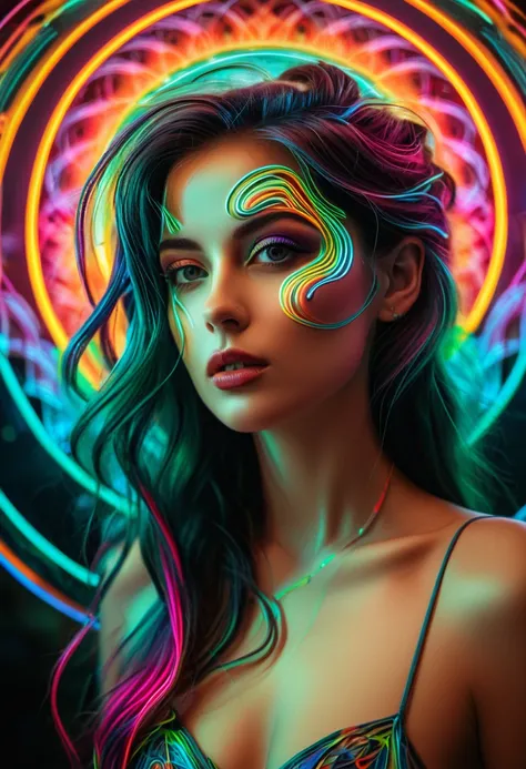 high quality, 8K Ultra HD, Surreal portrait of a stunning woman.
Real exposure, Beautiful woman, Use double exposure style, Neon Art Nouveau, Long-term contact, Italian futurism, Hidden Objects Pictures, Layered lines, Neon Punk, Chiaroscuro, best quality,...