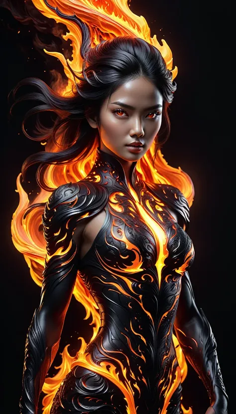 Attractive female digital art, Meticulously crafted，Combining warm and cool elements, Determined and energetic, Flowing lava, Her body is engraved with intricate details，Presented in a hyper-realistic way. The pure black background makes her stand out, The...