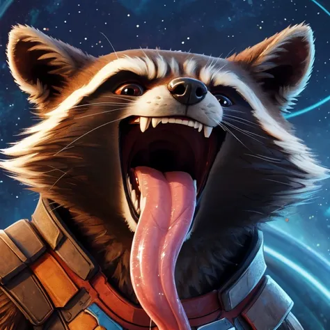 rocket raccoon (guardians of the galaxy 2014), marvel studios, 2d animation, looking at viewer, open mouth, tongue out, long ton...