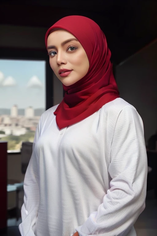 ((upper body)), A woman with hijab, 1 woman, 22yo, realistic, masterpiece, high detailed, looking at viewer, full body shot, scenic view, white shirt, polo shirt, long sleeves, red hijab