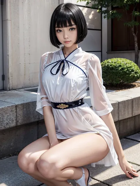 neat girl is beautiful japanese female and beautiful russian female mixed race age is 18 features of the whole body black hair medium straight bob cut hair style beautiful small face with short eyelashes boyish eyes only high nose dark blue pupils very thi...