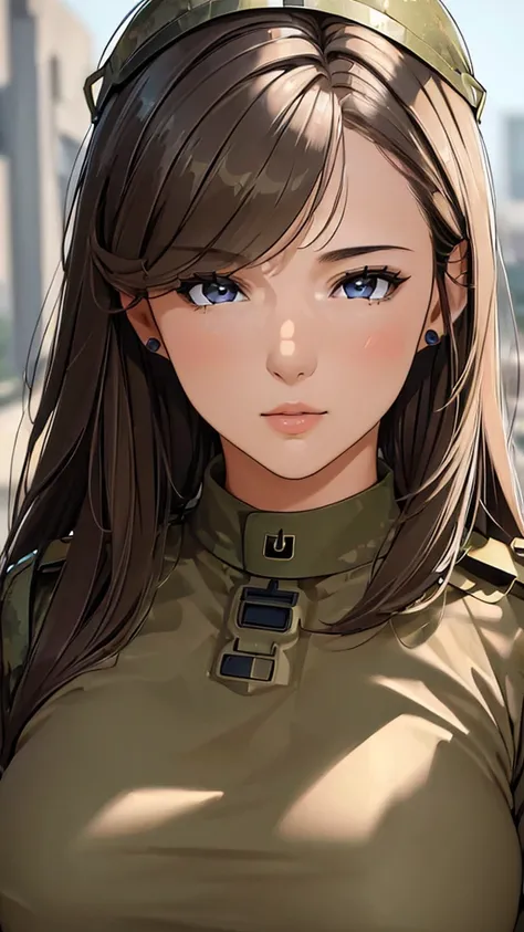 (((masterpiece))),(((High resolution)))、(((8K)))、(((Beautiful woman modern soldier))), ((top quality eyes)), ((detailed face)), (detailed texture), look at the camera，Huge Breasts