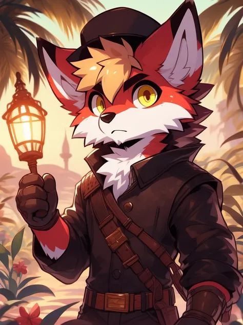 Kitsuni,furry masculino,body color white, details on the red face,yellow eye color,fox ears,red color at the tips of the ears, black cowboy hat, suspicious facial expression,brown cloth bow on the neck,gray hand hair color,gray foot hair color,leather belt...