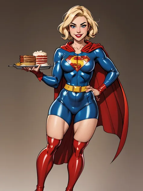 Blonde girl with short hair, smiling, wearing a hero costume, blue latex costume with red details, wearing a cape with the American tray 