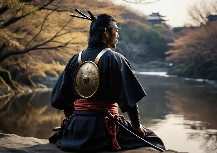 Japanese atmosphere, A samurai looks into the distance,Real,dark, Nearby riverbank, cold, with a natural look, 