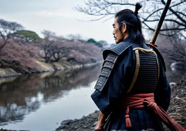 Japanese atmosphere, A samurai looks into the distance,Real,dark, Nearby riverbank, cold, with a natural look, 