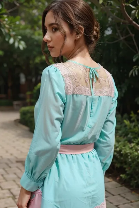 Aqua green blouse with mustard butterflies and pink lace