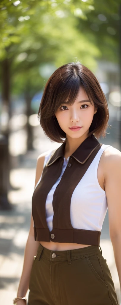 ((top-quality, 8K, ​masterpiece:1.3)), sharp focus:1.2, Beautiful Women in Perfect Style:1.4, Slender Abs:1.2, full body, wearing sleeveless shirts wide pants, ((weavy dark brown short hair:1.2)), (natural soft light, City Street:1.1), Highly detailed faci...