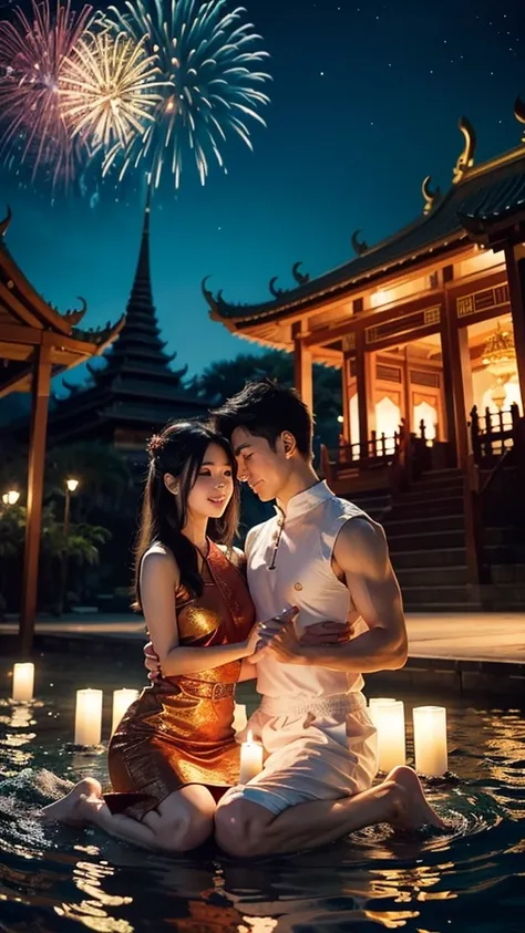 "a dragon ball z-style cartoon drawing depicting a romantic scene at a thai temple during the loy krathong festival. the image f...