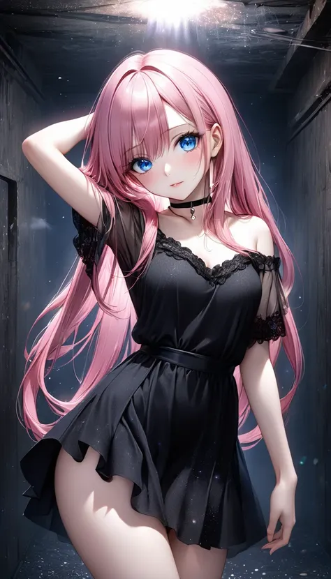 intelligent cool beauty, pink straight long hair, amorous and lewd face, make-up, blue eyes, great proportion, black gothic bare-dress, choker, hands behind head, background dimly lit basement, shading effects, gradation magic effects, foggy filter effects...