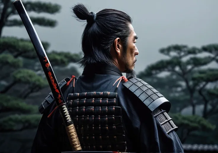 Japanese atmosphere, A samurai looks into the distance,Real,dark,cold, with a natural look, 