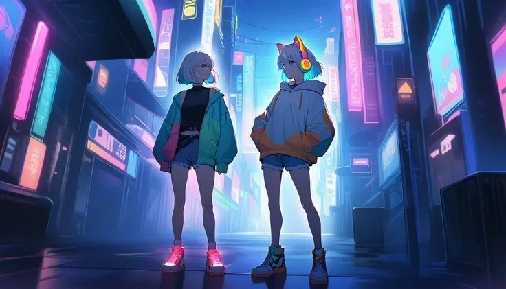 HD 8k Handsome sexy cute, Solitary, 1 female, Medium Length Hair, white hair, Rainbow hair, blue Eyes, looking away, Rainbow headphone, hoodie, colored hoodie, denim shorts, sneakers, Human focus, outdoor, blue night sky, background is 1980s Japanese NEON ...