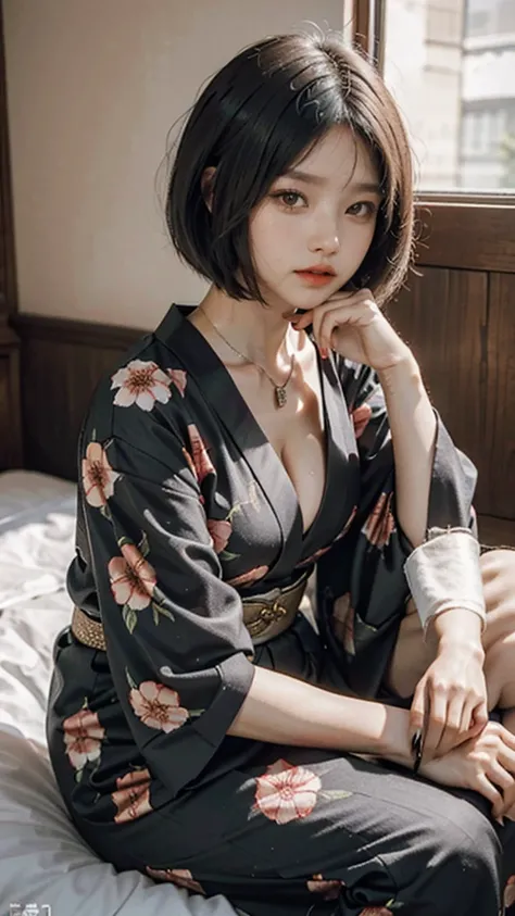 Black hair bob cut Red Japanese pattern kimono Ostrich Goddess Sexy、sit