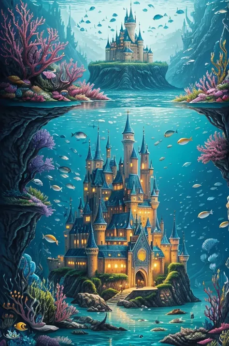 
a painting of a castle surrounded by water and fish, a storybook illustration by Anna Haifisch, shutterstock, fantasy art, magical castle, little mermaid magical kingdom, fantasy castle, under the sea, beautiful detailed fantasy, underwater world, magic f...