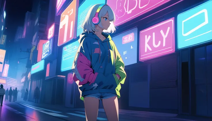 HD 8k Handsome sexy cute, Solitary, 1 female, Medium Length Hair, white hair, Rainbow hair, blue Eyes, looking away, Rainbow headphone, hoodie, colored hoodie, denim shorts, sneakers, Human focus, outdoor, blue night sky, background is 1980s Japanese NEON ...