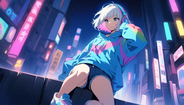 HD 8k Handsome sexy cute, Solitary, 1 female, Medium Length Hair, white hair, Rainbow hair, blue Eyes, looking away, Rainbow headphone, hoodie, colored hoodie, denim shorts, sneakers, Human focus, outdoor, blue night sky, background is 1980s Japanese NEON ...