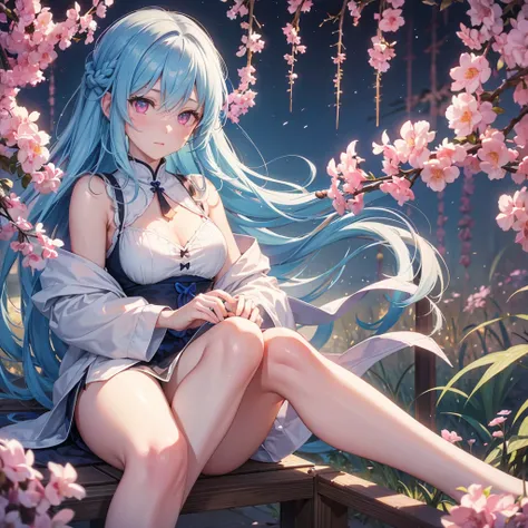 Sky blue hair, (1 braided hair), (Pink eyes),Fair skin)  ,(whole body),(One Girl),(White sweet dumpling), harvest moon,Miscanthus sinensis,(full moon),(masterpiece, Highest quality, Very detailed, Best Shadow), (Detailed Background), (Beautifully detailed ...