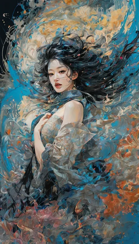 Abstract Expressionism Abstract Beauty,(Black transparent， Lace),(((Looking at the camera))),Nearly perfect,Dynamic,moonlight,Very detailed,number,Art Station,Concept Art,Smooth,Clear focus,illustration,Art work：carne griffiths 和 wadim kashin . Vibrant bru...