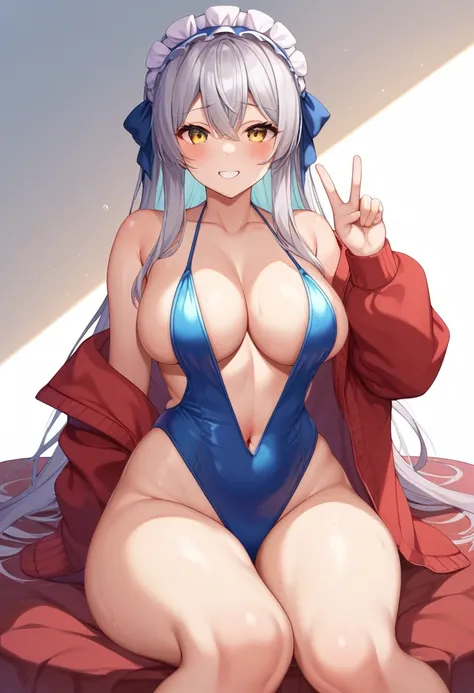 One Girl、Long Hair、Slightly large chest、（Slightly large chest：1.4)、Thick thighs、（Thick thighs：1.2)、Silver Hair、Golden Eyes、frilled hairband、V front micro plunging swimsuit、（黄金のV front micro plunging swimsuit）